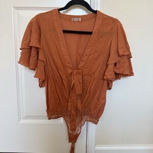 Free People Rust Ruffle Sleeve Bodysuit